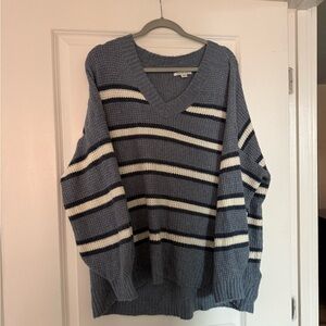 American Eagle Outfitters Blue and White Striped V-Neck Sweater
